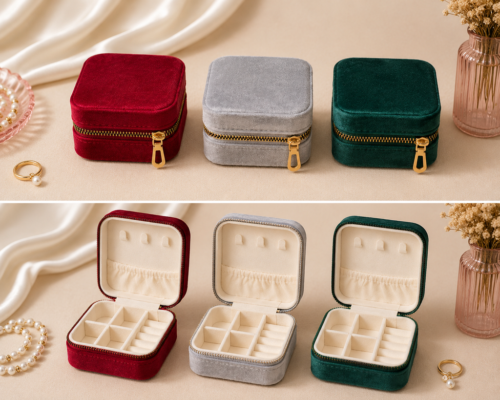 Square Velvet Travel Jewelry Case, Zipper Closure, Velvet Lined