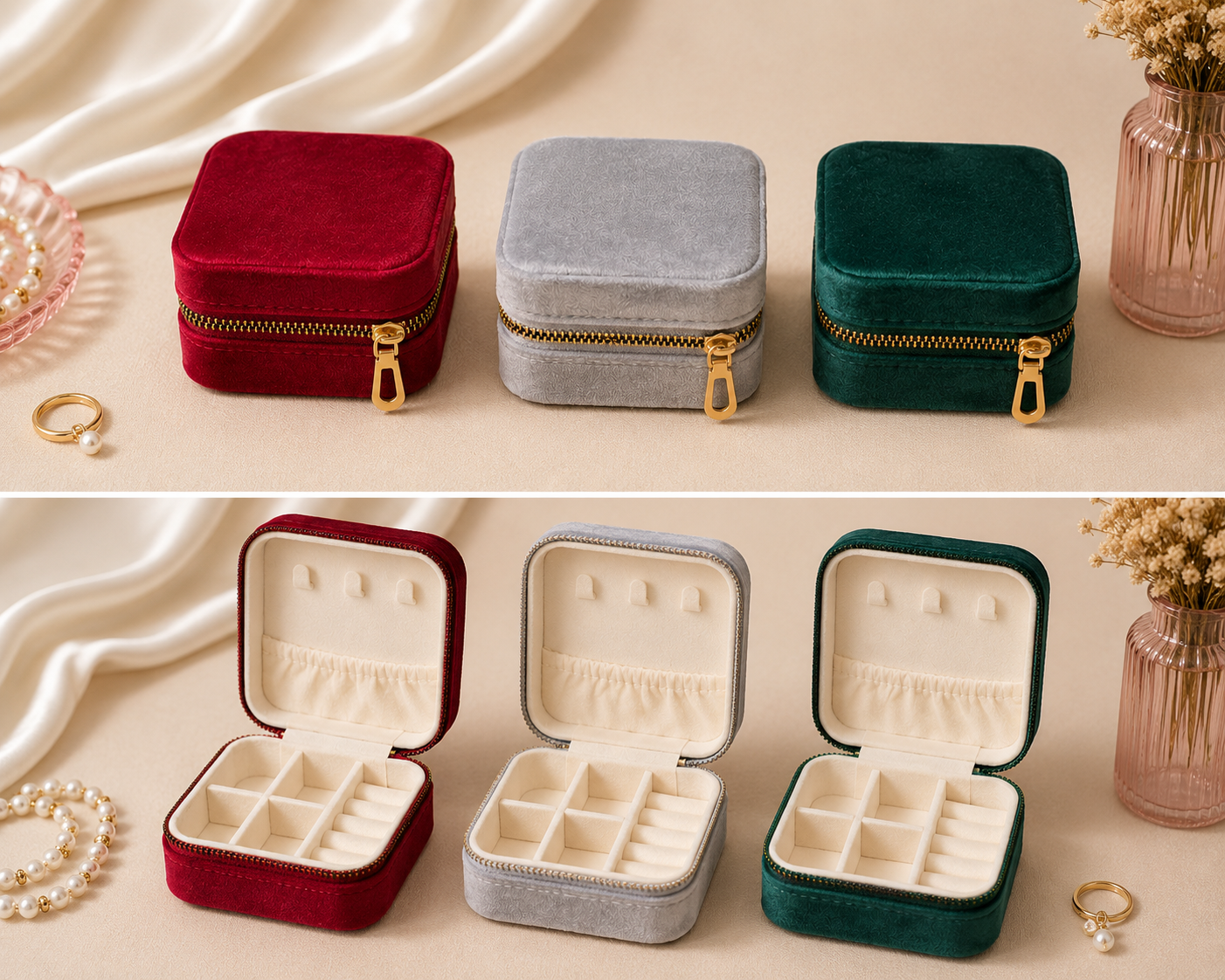 Square Velvet Travel Jewelry Case, Zipper Closure, Velvet Lined