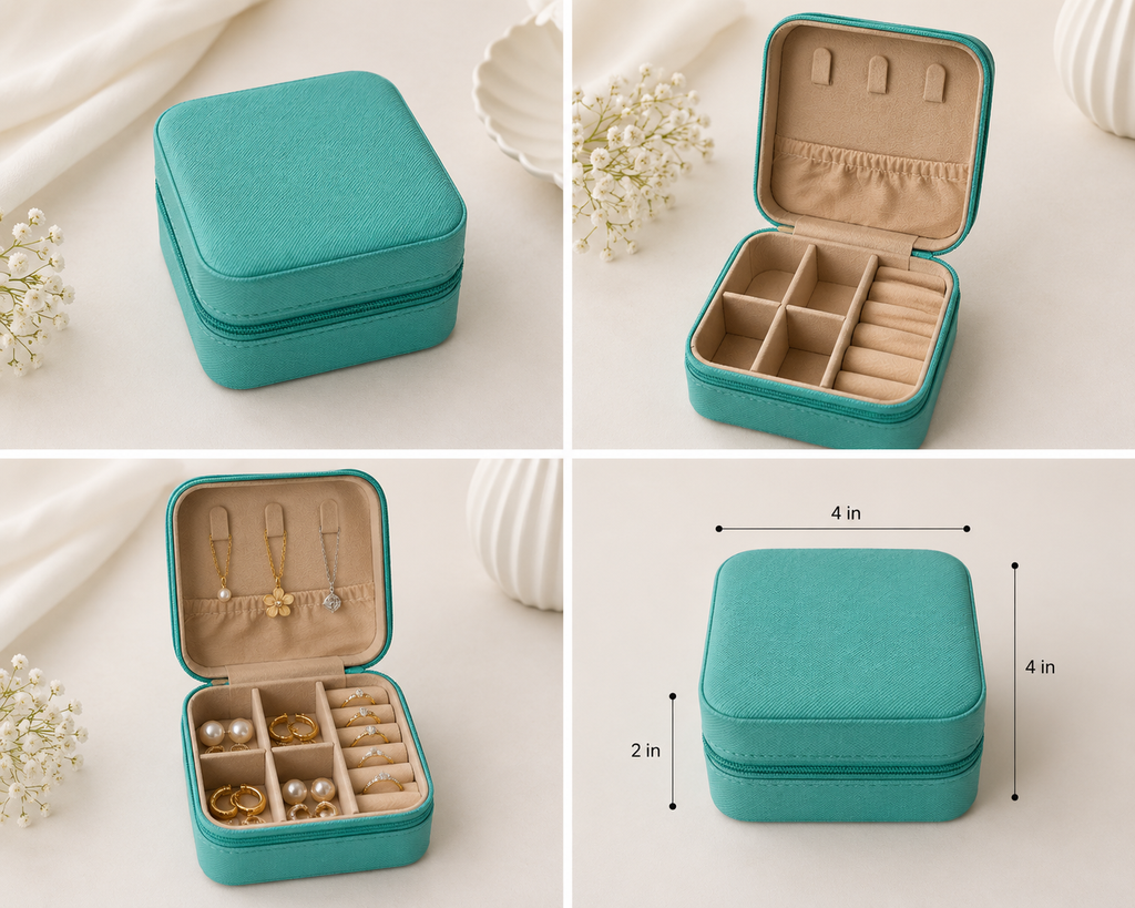 Square Faux Leather Zip Around Travel Jewelry Case Velvet Lined