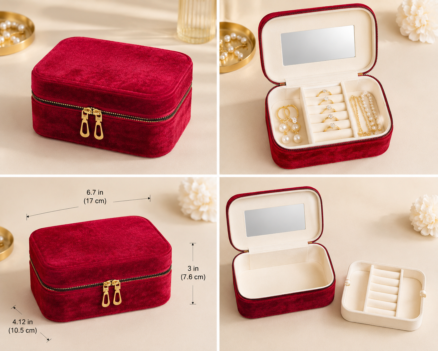 Luxury Velvet Travel Jewelry Case with Mirror – Elegant Organizer for Rings, Earrings & Necklaces