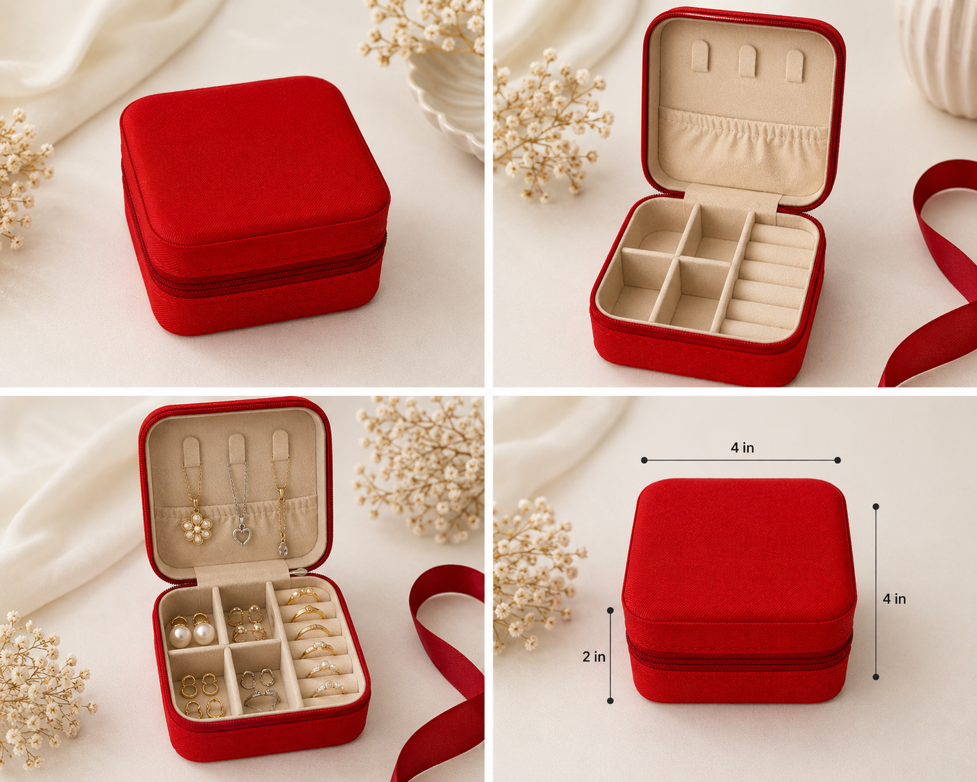Square Faux Leather Zip Around Travel Jewelry Case Velvet Lined