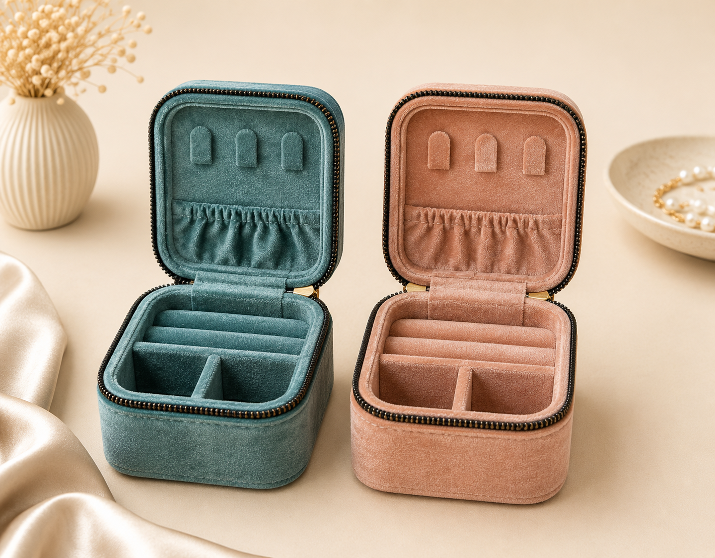 Velvet Travel Jewelry Box with Mirror – Compact Jewelry Organizer for Rings, Earrings & Necklaces
