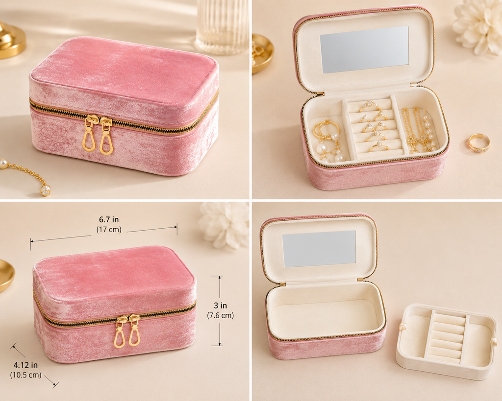 Luxury Velvet Travel Jewelry Case with Mirror – Elegant Organizer for Rings, Earrings & Necklaces