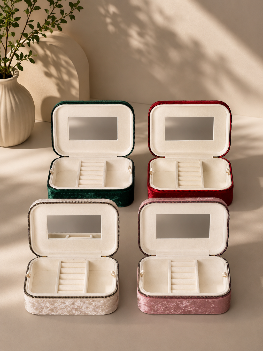 Luxury Velvet Travel Jewelry Case with Mirror – Elegant Organizer for Rings, Earrings & Necklaces
