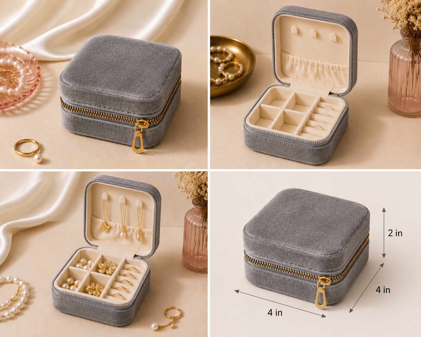 Square Velvet Travel Jewelry Case, Zipper Closure, Velvet Lined