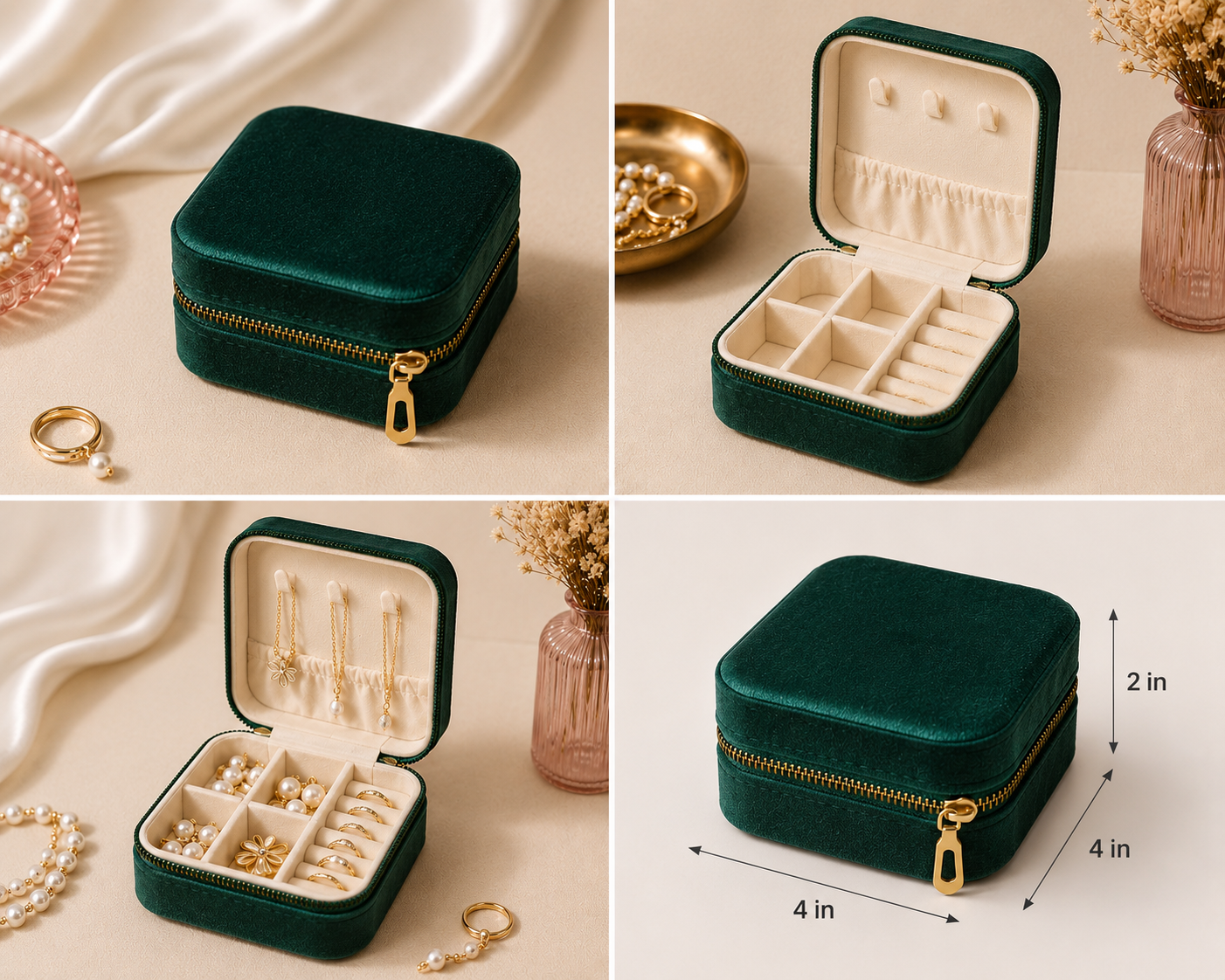 Square Velvet Travel Jewelry Case, Zipper Closure, Velvet Lined