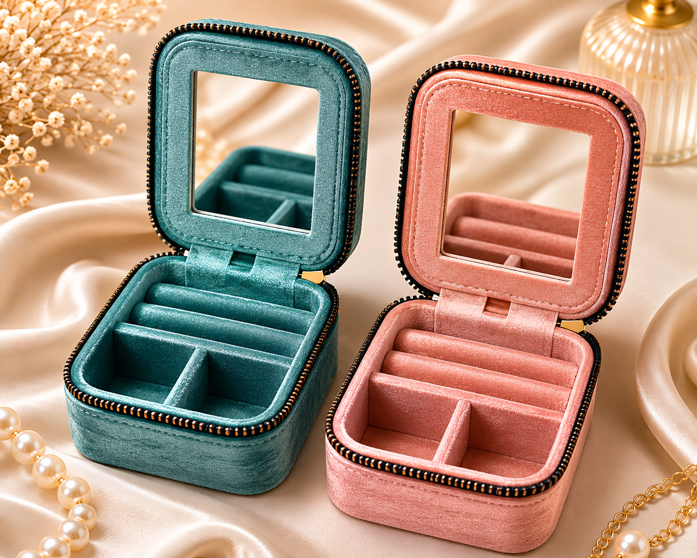 Velvet Travel Jewelry Box with Mirror – Compact Jewelry Organizer for Rings, Earrings & Necklaces